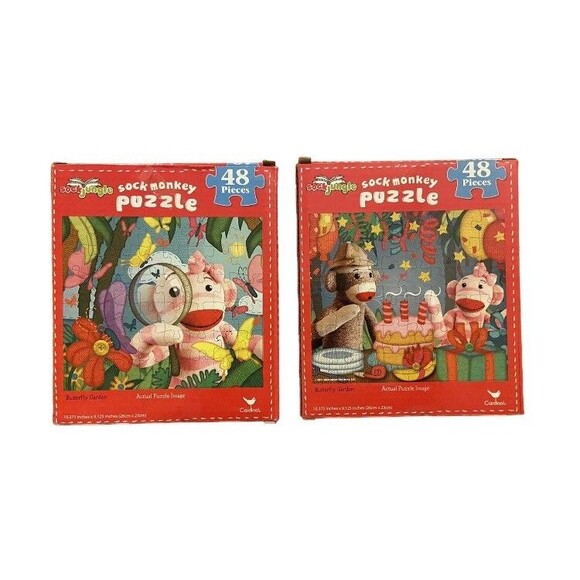 Sock Jungle Sock Monkey Lot Of Two  48 Piece Jigsaw Puzzle Complete - Picture 1 of 4